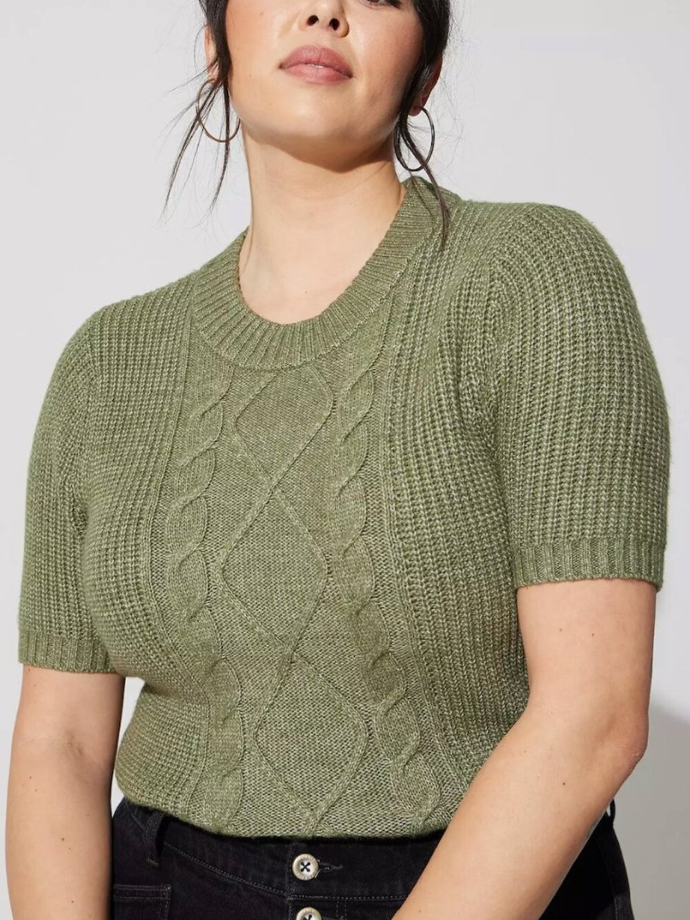 TORRID 2 Plus Size Chunky Knit Drop Shoulder Pullover Sweater Olive Short Sleeve